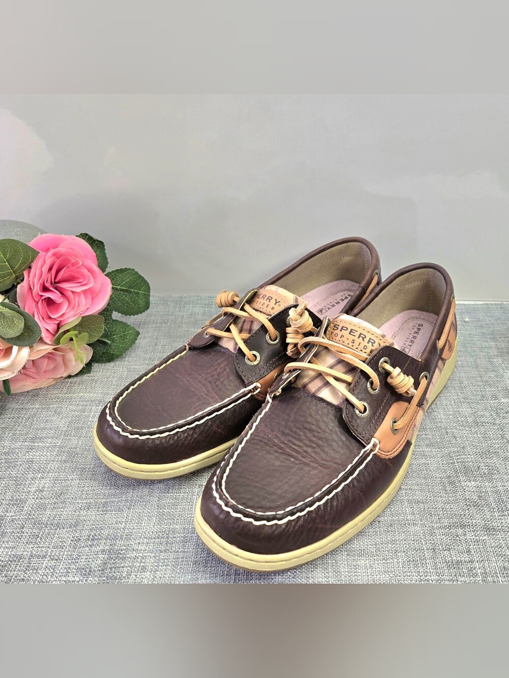 Sperry Top-Sider Bluefish 2-Eye Boat Shoes Women's 9.5M Brown Leather Plaid